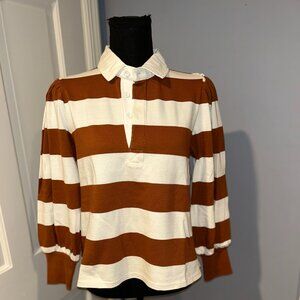 Veronica Beard Rugby Shirt with Puff Sleeve, Brown and white Stripe, Sz Sm